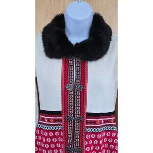 Vintage Norwegian Cardigan Sweater With Faux Fur Collar & Silver Tone Clasps